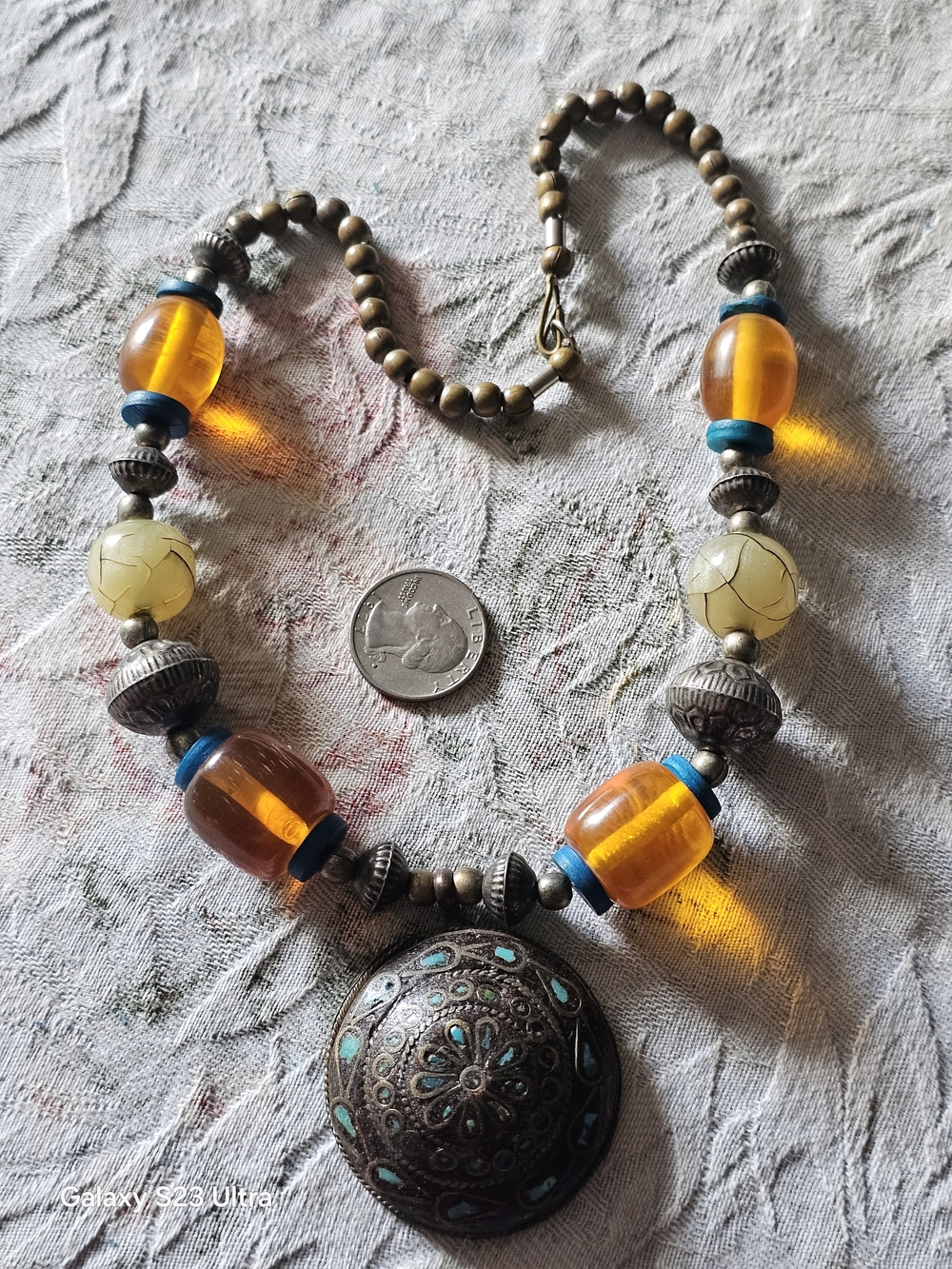 Amber and Turquoise Accent Boho Pendant Necklace